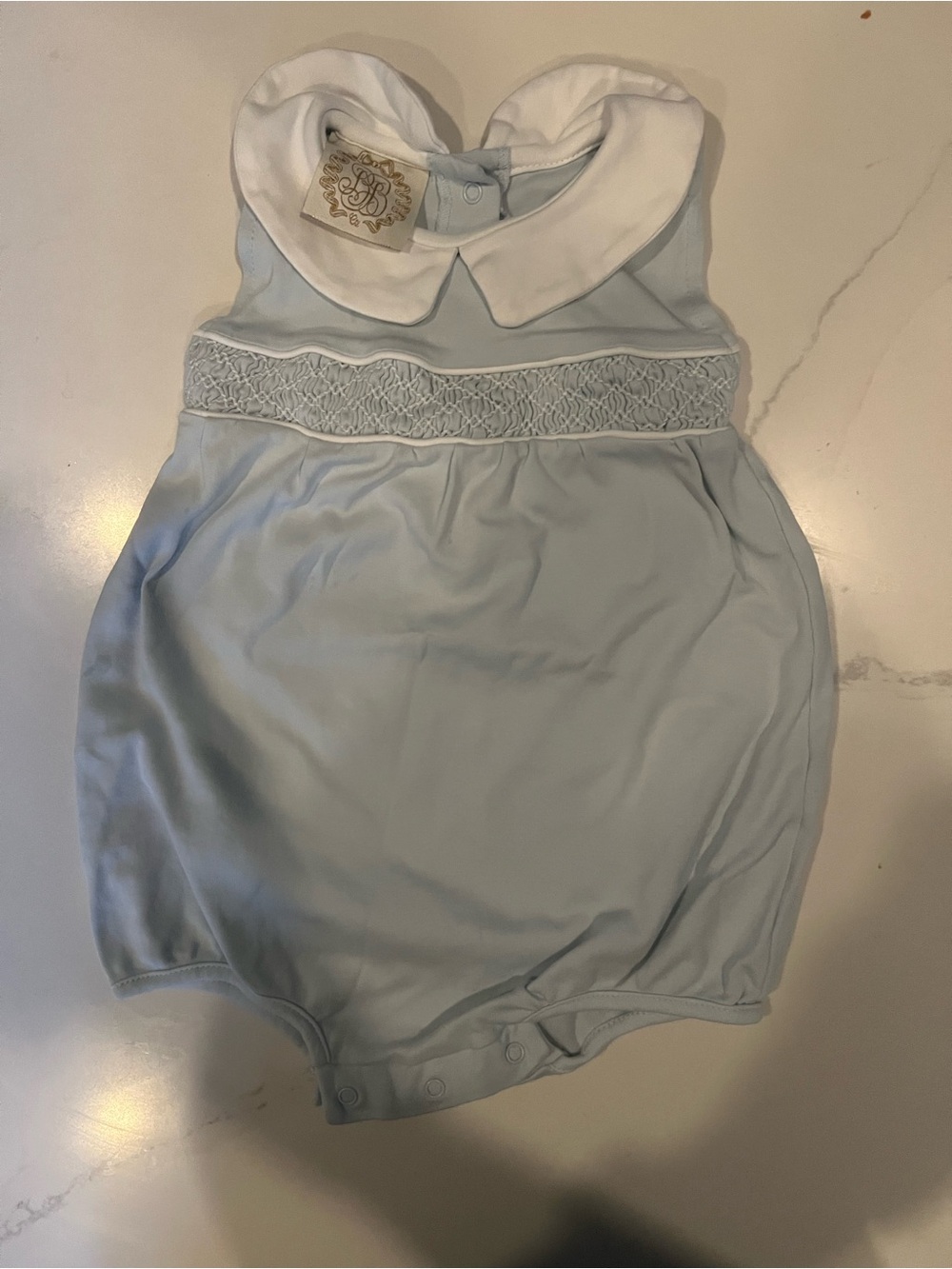 The Beaufort Bonnet Company Light Blue Smocked Bubble Romper Baby 12-18 months